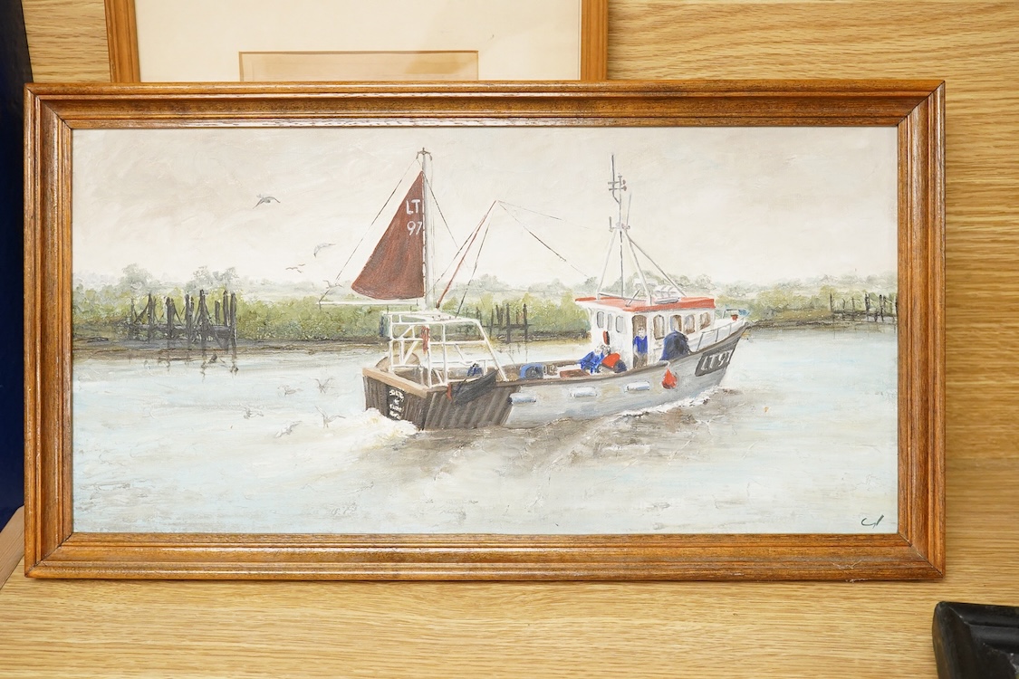 Naive School, Study of a Gloucestershire Old Spot Prize Pig, inscribed ‘Champion 1834’, oil on board, together with an etching and an oil, ‘Lowestoft Fishing Boat’, largest 19 x 39cm
